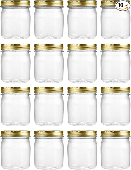 novelinks 8 oz Plastic Mason Jars and Clear Plastic Jars with Lids 8 oz | 16 Pack, Gold, Plastic Containers with Lids, Small Mason Jars, Clear Jars Bulk, Spice Jars, Slime Jars, Mini Jars by novelinks