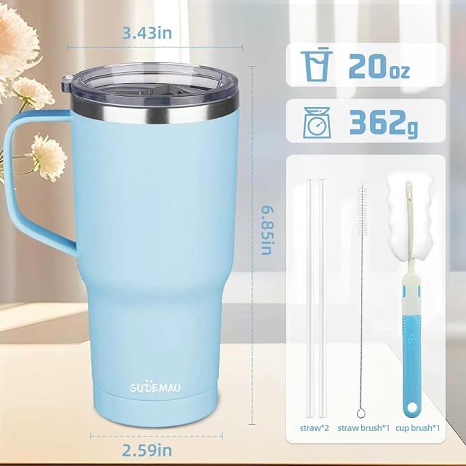 20 oz Insulated Coffee Mug with Ceramic Coating, Stainless Steel Travel Mug Tumbler with Handle Lid and Straw, Double Wall Leak-Proof Coffee Travel Mug Keeps Drink Hot and Cold (Sky Blue) - Image 2