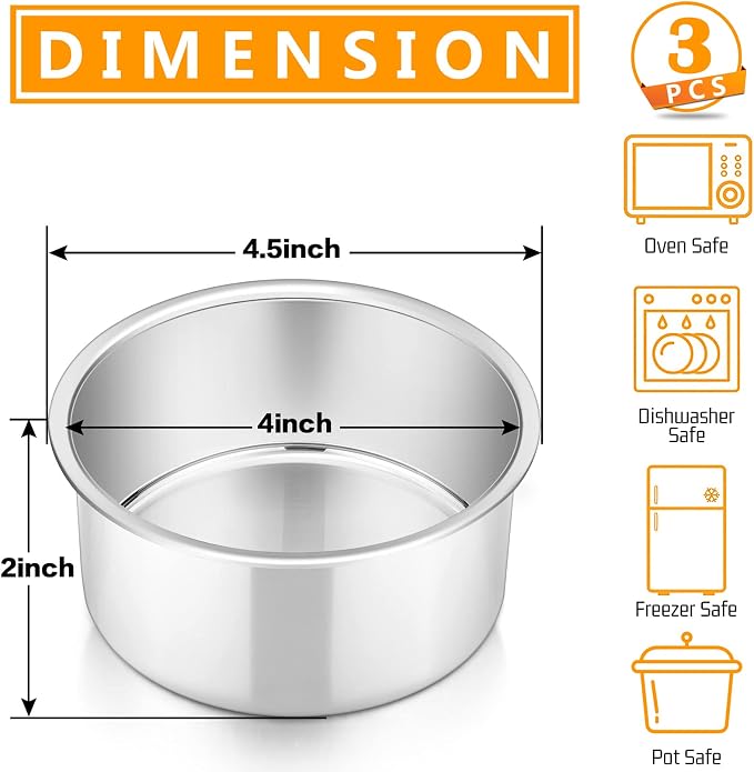 P&P CHEF 4 Inch Round Cake Pan Set of 3, Stainless Steel Baking Cake Pans | Round Baking Cake Pan Bakeware for Layer Birthday Cake, Fit Oven/Pots/Pressure Cooker, Leakproof & Dishwasher Safe, Silver - Image 2