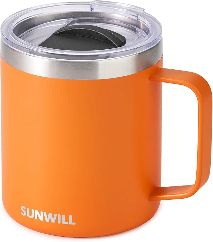 SUNWILL Insulated Coffee Mug with Lid, Travel Tumbler with Handle, 14 oz Stainless Steel Cup for Camping, Office, Home, Powder Coated Orange by SUNWILL