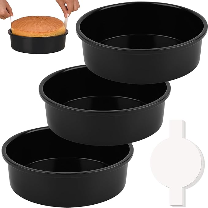 HUAKENER 8 Inch Cake Pan, 3Pcs Round Cake Pan with Parchment Paper | Carbon Steel Cake Baking Pans with 70 Pieces Parchment Paper, Non-stick Cake Baking Pans, Dishwasher Safe by HUAKENER