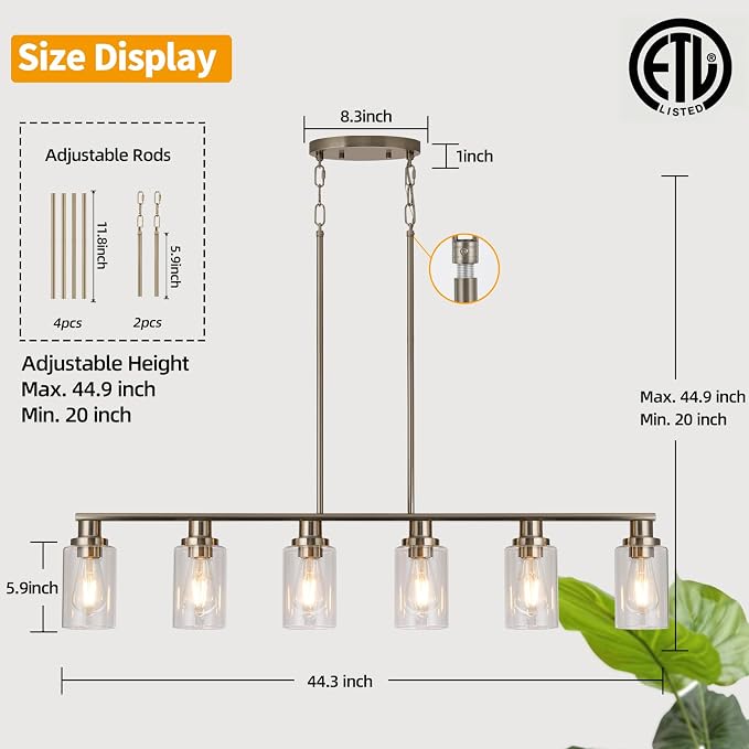 Dining Room Light Fixtures Over Table,6-Light Farmhouse Kitchen Island Lighting,44.3'' Linear Chandelier Pendant Lighting for Kitchen Island for Brushed Nickel Finish with Clear Glass Shade - Image 3