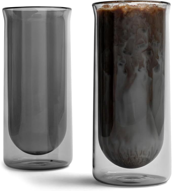 FLUR Iced Coffee Glasses (Set of 2) Perfect for Iced Coffee, Cold Brew & Lattes – Double-Walled Borosilicate Glass – For Hot & Cold Drinks – Lightweight & Easy to Clean – 15.5oz (Smoke) by FLUR