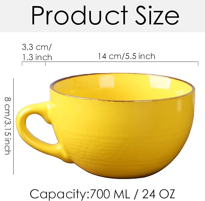 Disoza Yellow Ceramic Soup Mug with Handle Large Coffee Cup 24 Ounce Oversized Mug Porcelain 700 ML Tea Cup XXL Cereal Bowl Soup Ramen Salad Bowl - Image 2