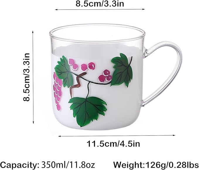 12oz/350ml Hand Painted Glass Cups With Handle,Clear Glass Coffee Cups,Coffee Glasses For Hot Beverages,Clear Mugs (Grape)