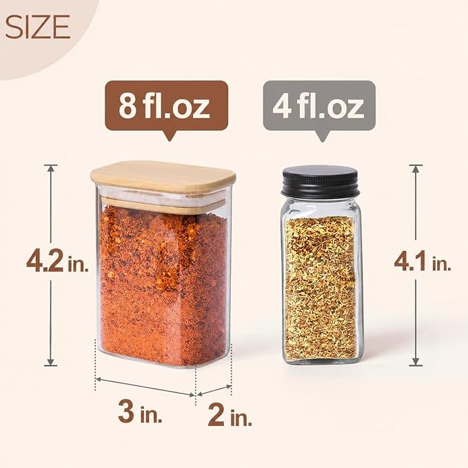 ComSaf Spice Jars 8oz Set of 6, Small Seasoning Containers with 9 Labels | Small Glass Jars With Labels, Empty Rectangle Canisters, Spice Rack Organization, Loose Tea, Herb, Powder, Dry Good, BPA Free - Image 2