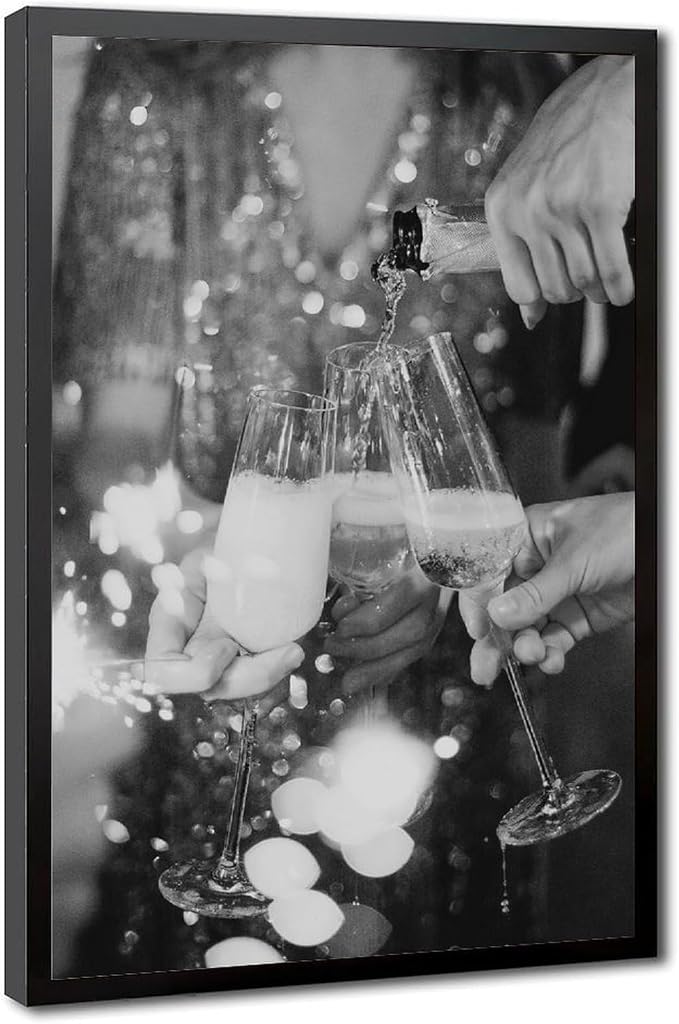 UXCBIA Pouring Champagne, Black And White, Cheers Poster, Bar Cart, Party, Celebration, Decor, Bar Wall Canvas Poster Wall Art Decor Print Picture Paintings for Living Room Bedroom Decoration Black F by Unknown