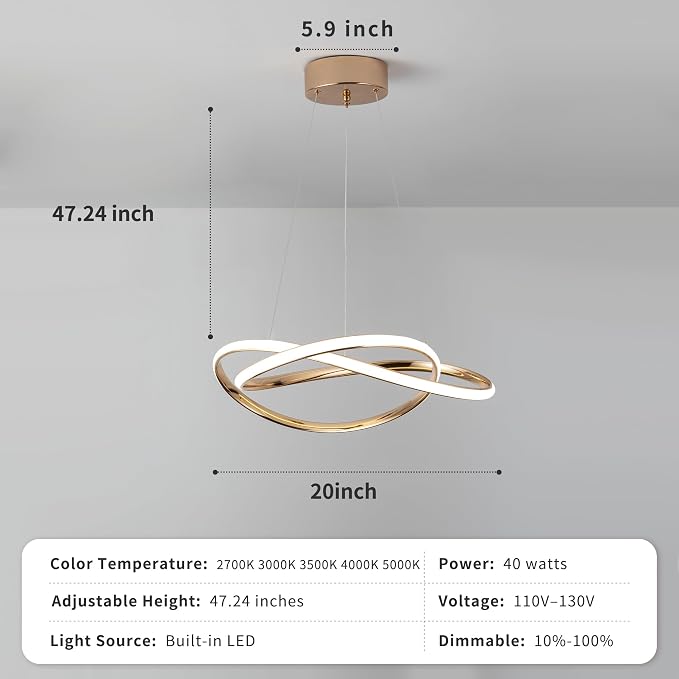 Modern LED Chandelier for Dining Room Pendant Light Fixture 40W,Gold | 5CCT/2700K-5000K,Dimmable,Bedroom,Living Room,Dining Room,Kitchen,Kids Nursery,Home Office - Image 4