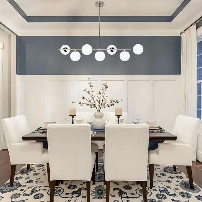 Brushed Nickel Mid Century Modern Chandelier, Linear Sputnik Bubble Pendant Light with Milk Glass Globes, Dimmable Dining Room Light Fixtures over Table for Kitchen Island Living Room Foyer Bedroom - Image 4