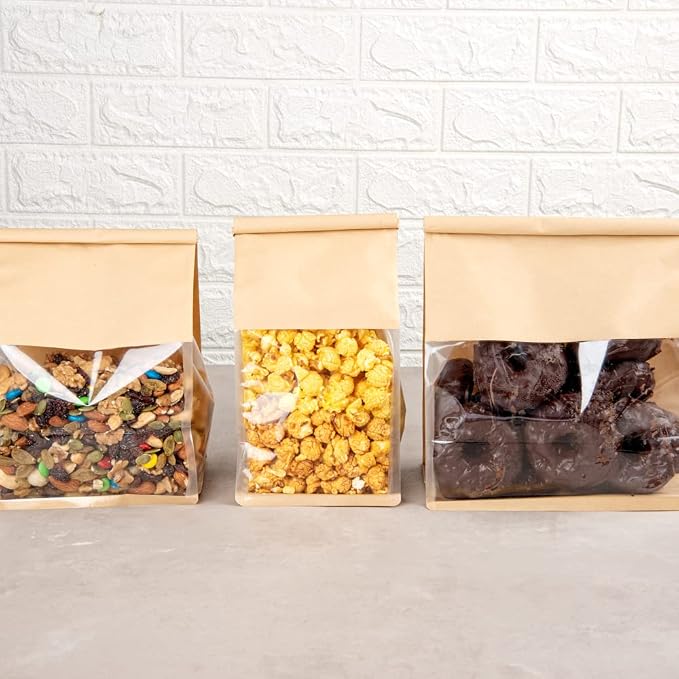 Bag Tek 5.1 x 4.1 x 11.2 Inch Tin Tie Bags With Windows, 100 Resealable Bakery Bags With Windows - Flat Bottom, For Cookies or Coffee Beans, Kraft Cotton Paper Tin Tie Bags - Restaurantware - Image 6