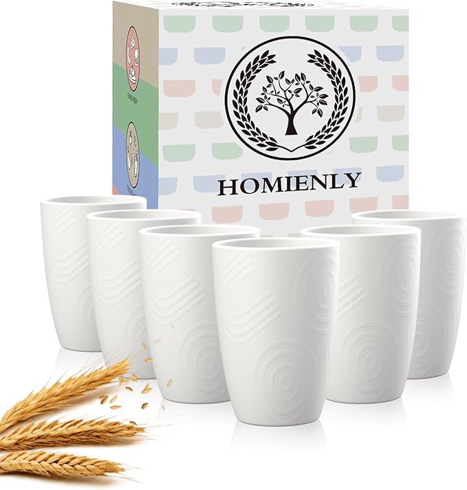 Homienly Kitchen Cups 12 OZ Wheat Straw Drinking Glasses–Unbreakable, Lightweight & Reusable Alternative to Plastic Cups,Dishwasher Safe Cups for Kitchen & Outdoor Use (White, 6 PCS) by HOMIENLY