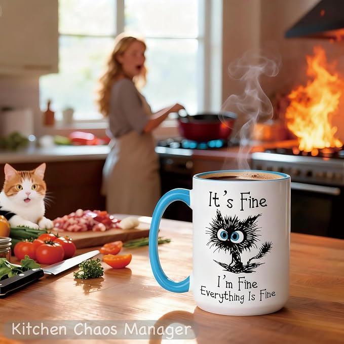 Funny Black Cat Coffee Mug, 15oz I Am Fine Everything's Fine Mug | Microwave & Dishwasher Safe, Gag Gift for Cat Lovers, Large Ceramic Mug, Double-Sided Print - Image 3