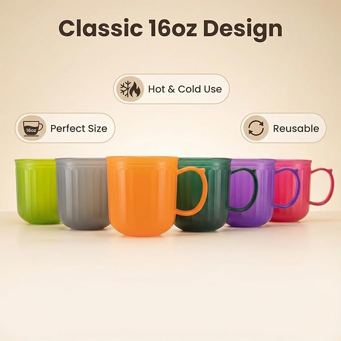 Plastic Coffee Mugs with Handles set of 6, 16 oz Iced-Tea Cup Jewel | BPA Free Reusable Food Grade PP, Unbreakable Dishwasher Safe, Lightweight, Elderly Kid Safe, Kitchen Party Camping Outdoor - Image 2