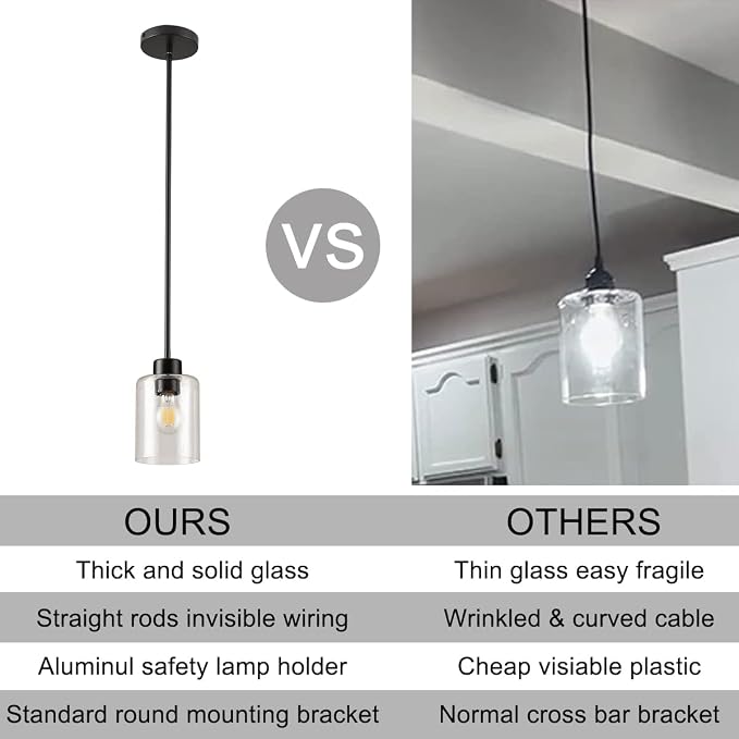 Black Pendant Lights Kitchen Island - Seeded Glass Pendant Light Fixture Multiple Stems Rods 3 Units 12 Inch 3 Units 4 Inch (2 Pack Black Seeded Downrod) - Image 2