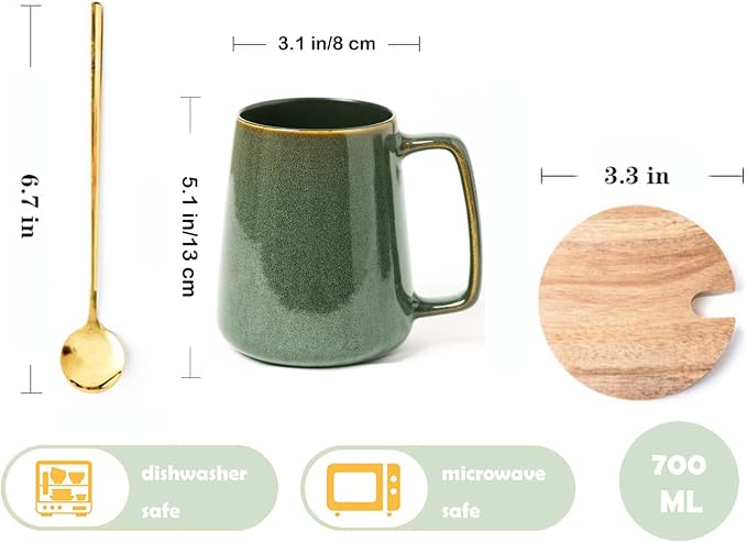 Large Ceramics Coffee Mugs,24 OZ,With Spoon And Wooden Lid,For Coffee,Tea,Cocoa,Large Handle Design,Microwave And Dishwasher Safe(Color:24 oz green set) - Image 2