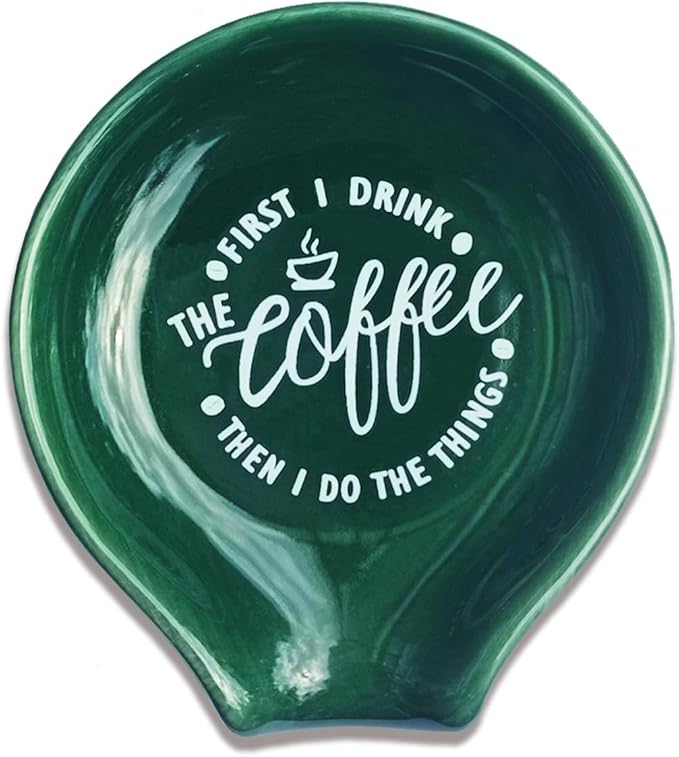 Littlefa Coffee Spoon Rest Holder-Coffee Bar Accessories-Blackish Green | Funny Ceramic Coffee Spoon Rest for Coffee Bar Accessories Essentials, Coffee Lovers Gifts, But First I Drink Sign by Littlefa