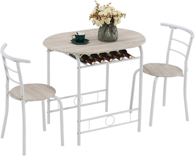 VINGLI 3 Piece Dining Set,Small Kitchen Table Set for 2,Breakfast Table Set,Kitchen Wooden Table and 2 Chairs for Small Space/Dining Room/Apartment,Metal Frame,Wine Rack,White&Light Oak by VINGLI