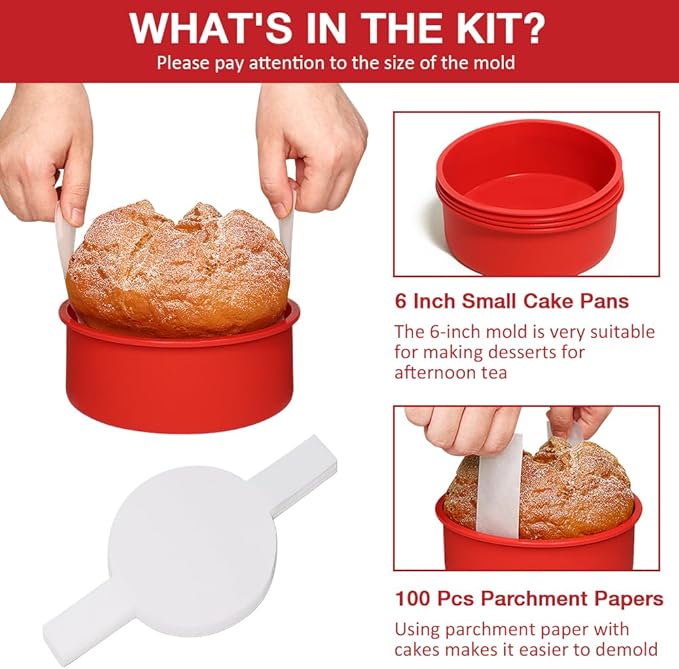 Alimat PluS 6 Inch Cake Pans Silicone, 4 Pack Round Cake Molds with 100 Pieces Parchment Paper, Small Cake Pans for Multilayer Cakes, Puddings
