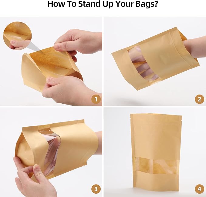Tecbeauty 100pcs Kraft Paper Stand Up Pouches Zipper Lock Resealable Food Storage Bags with Window for Packing Cookies, Dog Treats (7 x 10inch) - Image 5