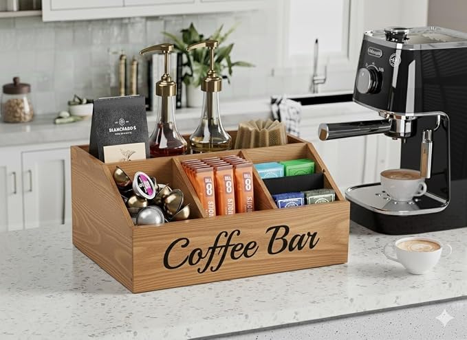 2 Pack Coffee Station Organizer for Countertop – Wooden Coffee Bar Organizer with Adjustable Dividers,Holds K Cup Pod & syrup bottles, for Kitchen, Office, or Bar and Tea Station, Brown - Image 4
