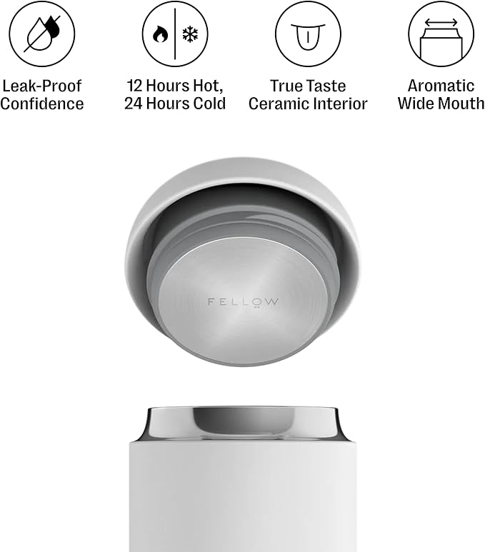 Fellow 16 oz Carter Wide Travel Mug - Wide Mouth Vacuum-Insulated Stainless Steel - Tea and Coffee Tumbler - Travel Coffee Mug with Ceramic Interior - Matte White