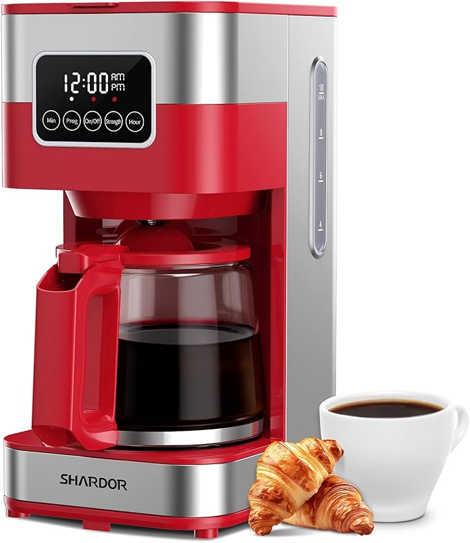 SHARDOR 10-Cup Programmable Coffee Maker, Regular & Strong Brew Drip Coffee Machine for Home and Office, Auto Shut Off, Permanent Filter (red) by Shardor