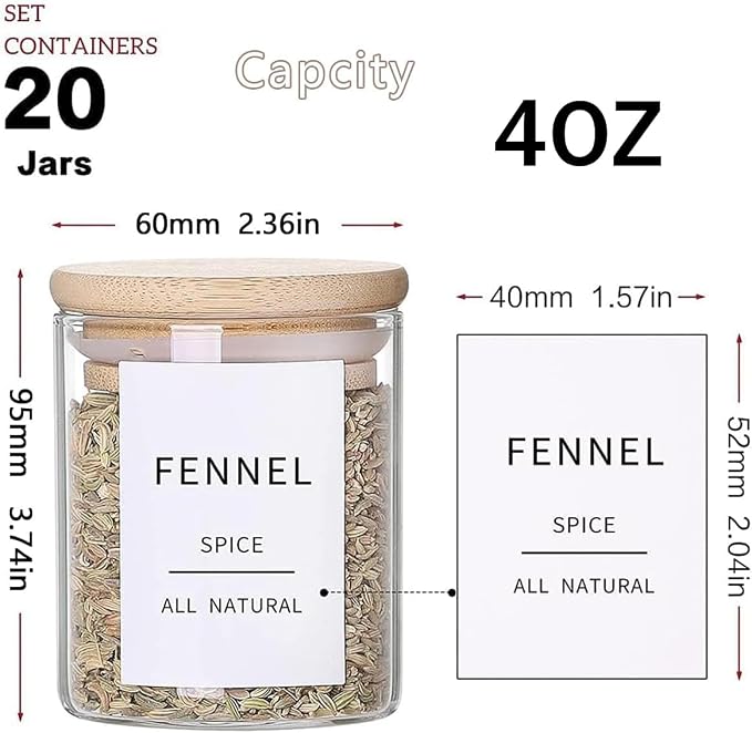 Glass Spice Jars with Bamboo Lids - 20 Pcs Thicken(2.4mm) 4oz Airtight Seasoning Containers with 131 Waterproof Minimalist Spice labels Preprinted - Small herb Jars for Pantry Organization and Storage - Image 2