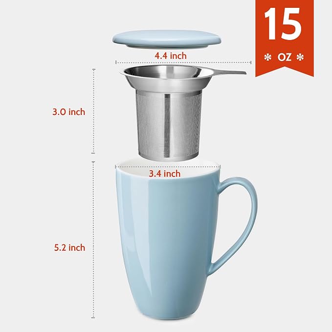 Sweese 15 OZ Porcelain Tea Mug with Infuser and Lid, Loose Leaf Tea Cup, Gifts for Tea Lover, Bluish Grey - Image 2