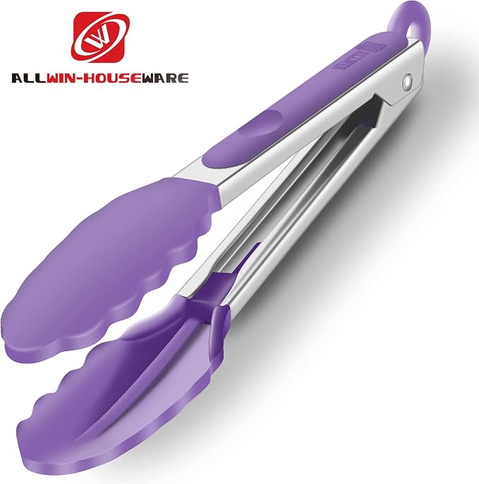 2 Pack Silicone Kitchen Tongs – 9" & 12" Set, Heat Resistant up to 500°F, Non‑Stick Cookware Safe, Wavy Silicone Tips, BPA Free, Locking Clip & Hanging Loop, Purple - Image 5