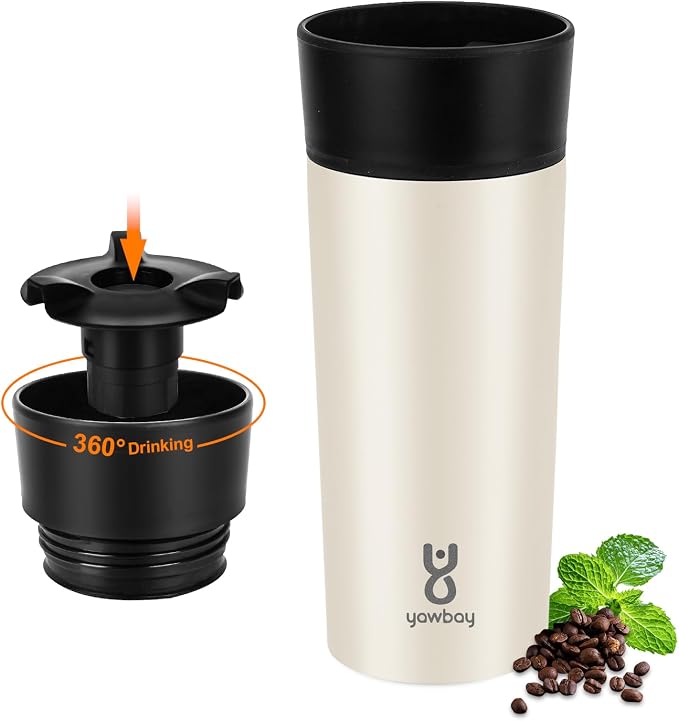 Travel Coffee Mug with 360°Lid, Travel Coffee Tumbler 12 oz Leak Proof, Stainless Steel Insulated Travel Mugs for Hot and Cold Spill Proof Leak Proof(Beige) by Yawbay