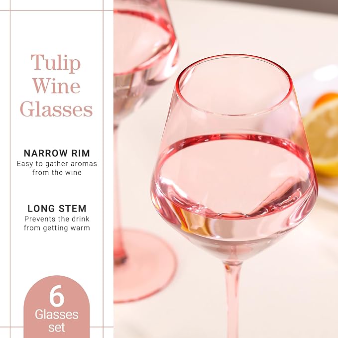 Elegant Pink Wine Glasses Set of 6 – Hand Blown Tulip Shape Long Stem Glassware – 15oz Pink Wine Glasses for Women, Wedding, Party, Bridesmaid Gift, Fancy Champagne or Rosé Goblets - Image 4
