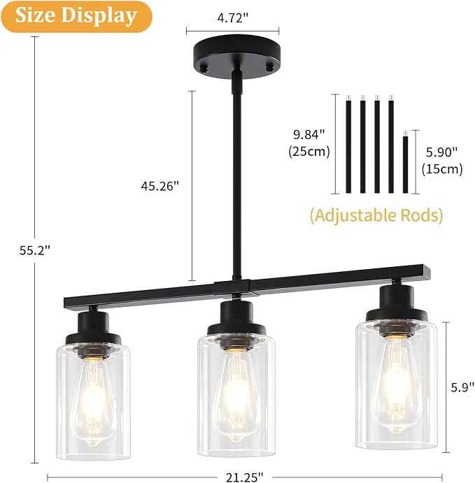 Modern Island Lights for Kitchen Black Dining Room Light Fixtures | 3-Light Linear Chandelier Over Table, 21.25'' Farmhouse Kitchen Island Lighting Clear Glass Shades, Adjustable Height - Image 5