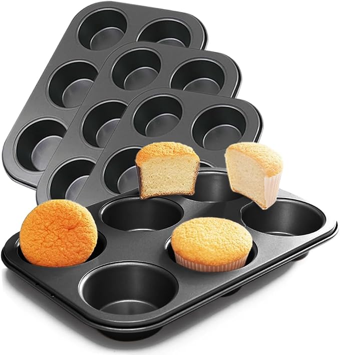 4 Packs Premium Steel Muffin Pan for Baking, Round Muffin Baking Pan, Baking Tray for Muffins, Cupcakes, Brownie(Black by ASBAYSON