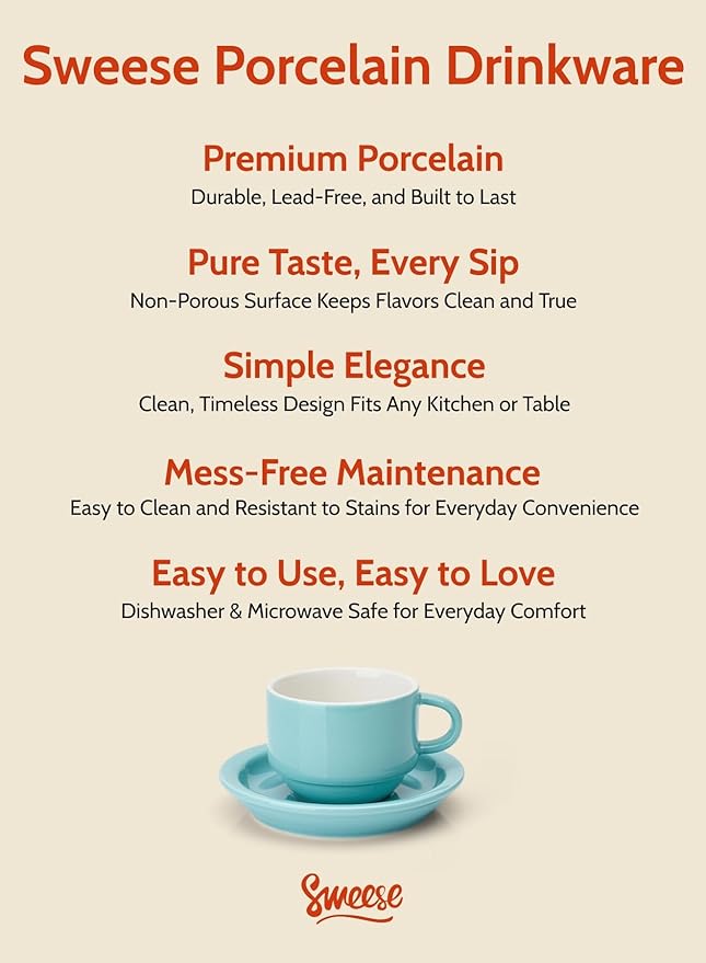 Sweese 8 Ounce Porcelain Stackable Cappuccino Cups with Saucers and Metal Stand - for Specialty Coffee Drinks, Cappuccino, Latte, Americano and Tea - Set of 4, Turquoise