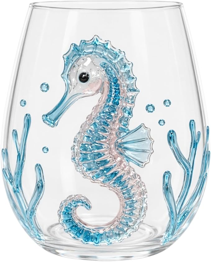 Blue Handmade Stemless Wine Glass 3D Ocean Cup (White Style 5) | 3D Sculpted Handmade Blue Ring Stemless Glass Ocean Cup Handblown Glassware (White Style 5) by Unknown