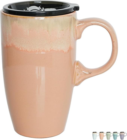 Bosmarlin Ceramic Travel Coffee Mug with Handle and Lid, 18 oz, Portable Coffee Cup for Car Cup Holder, Microwave and Dishwasher Safe, Reactive Glaze (Light Orange) by Bosmarlin