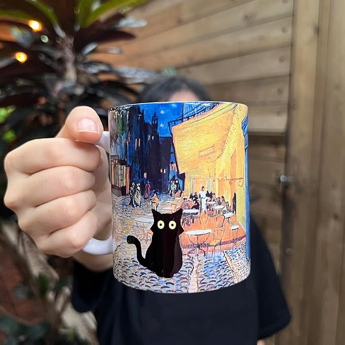 Famous Art Paintings Funny Cat Coffee Mug for Artist Art Lover Teacher Cat Lovers, Famous Picture Classic Vincent Aesthetic Canvas Mug Birthday Gift for Women Man (Terrace at Night) - Image 3