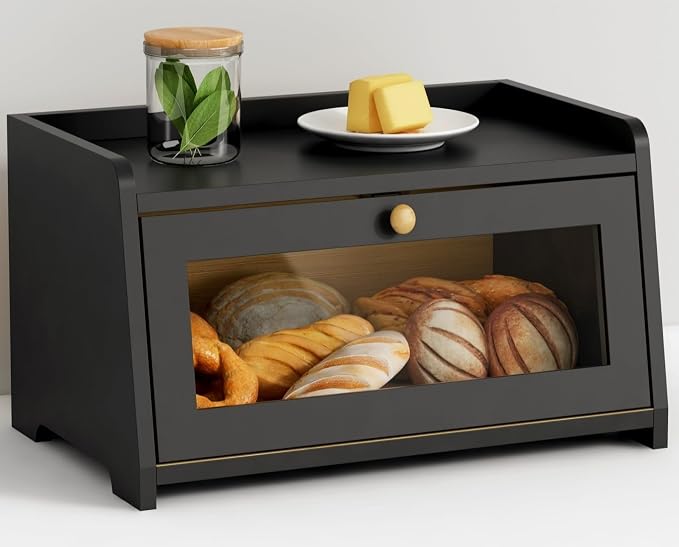Goozii Black Bread Box for Kitchen Countertop, Small Vintage Counter Top Breadbox, Homemade Bread Storage Container for Sourdough Loaf, Farmhouse Wooden Corner Kitchen Counter Organizer for Cabinet by Goozii