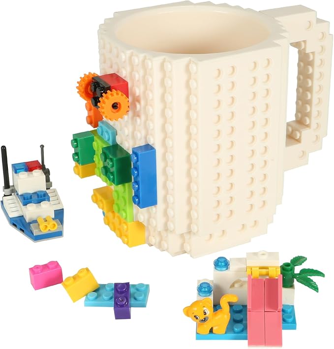 Lumsburry Build-on Brick Coffee Mug, Funny DIY Unique Novelty Drinking Cup | Building Blocks Creative Mug, for Men Women Kids Dad Mom, Present Exchange Ideas, Xmas Birthday White Elephant(White) by Lumsburry