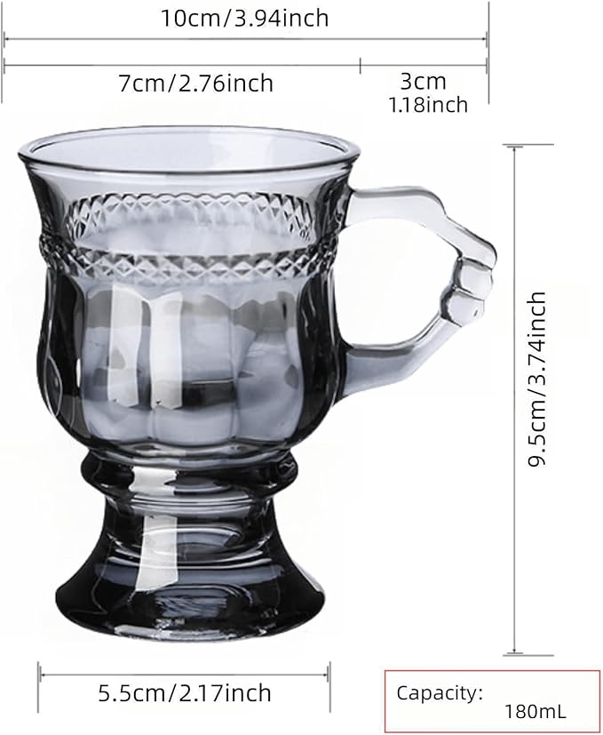 Vintage Irish Coffee Mugs, Crystal Clear Irish Coffee Glass with Handle, Footed Stem Base, Heat Resistant, Heavy Duty Cups for Hot Chocolate, Tea, Coffee, 4pcs gray