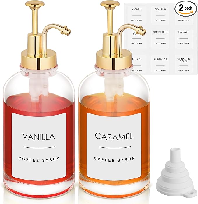 2 Pack 16.9 Oz Coffee Syrup Dispenser for Coffee Bar, 500ml Syrup Pump Dispenser, Glass Syrup Bottle w. Gold Upgraded Pump and 36 Labels, Coffee Bar Accessories Syrup Bottle