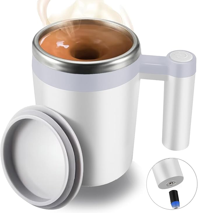 Self Stirring Mug,Rechargeable Auto Magnetic Coffee Mug with 2Pc Stir Bar,Waterproof Automatic Mixing Cup for Milk/Cocoa at Office/Kitchen/Travel 14oz Best Gift - White by FCSWEET