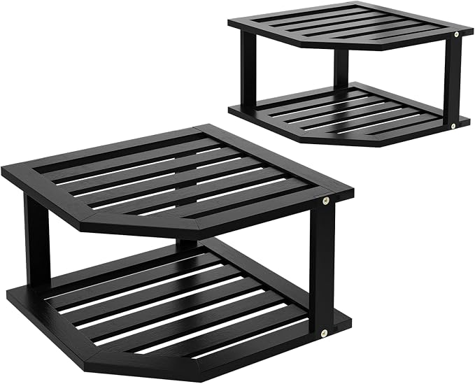 VERTORGAN 2 Tier Bamboo Dish Drying Rack,Corner Shelf 2 Pack(Black) | Pantry Storage,Dish Rack,Spice Rack,Corner Organizer,Kitchen Counter Shelves,Kitchen Storage,Holds Plates by VERTORGAN