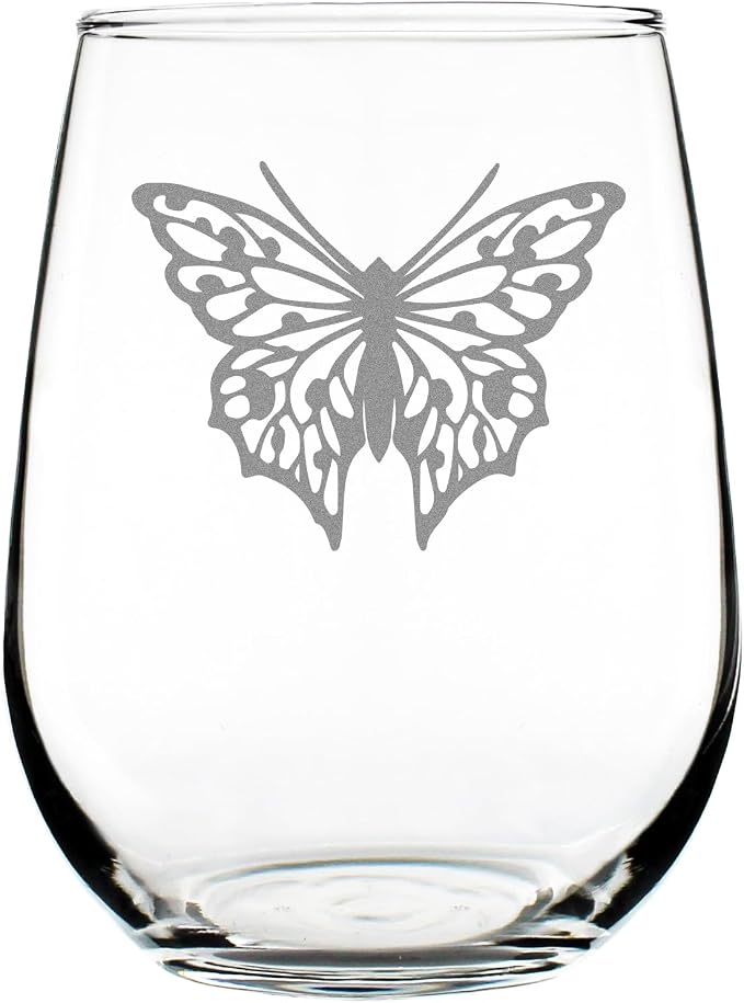 Engraved Butterfly Stemless Wine Glass, 17oz Hand Etched Tumbler, Nature Lover for Her, Unique Glassware by Make+Your+Mark+Design