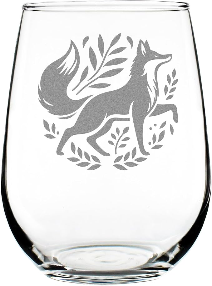 Elegant Fox Engraved 17oz Stemless Wine Glass, Woodland Animal Etched Glassware, Forest Creature for Her by Make+Your+Mark+Design