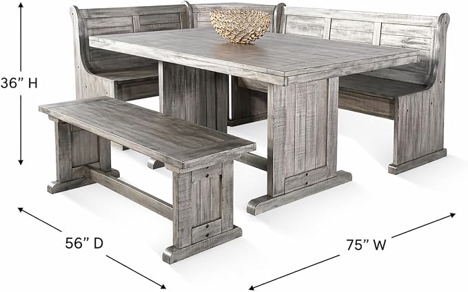 Pemberly Row 4-Pieces Dining Set Wood, Rectangular in Alpine Gray (36" H x 75" W x 56" D) for Kitchen, Dining Room with Table, Reversable Benches, and Storage Space - Image 5