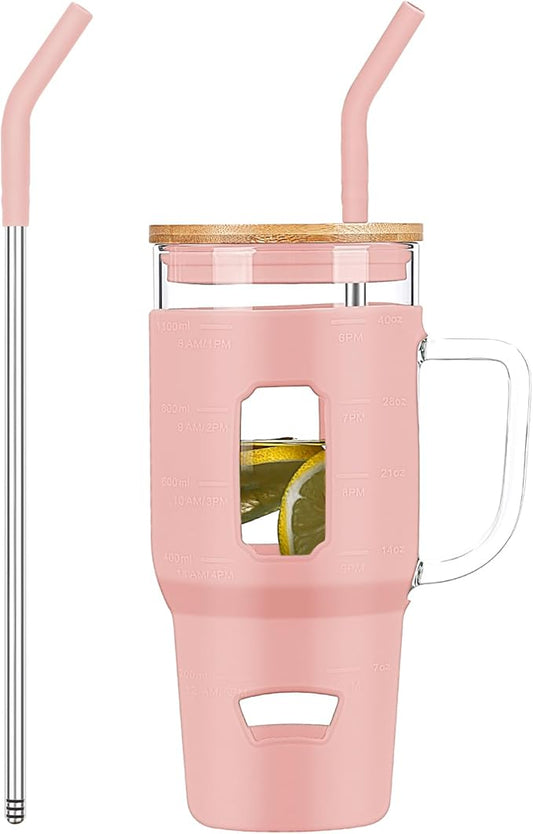 Glass Cups with Handle and Bamboo Lids - 40oz Tumbler with Stainless Steel Straw | Glass Water Bottle with Silicone Sleeve for Coffee, Smoothi, Hot/Cold Drinks for Travel, Office, Home (Pink)