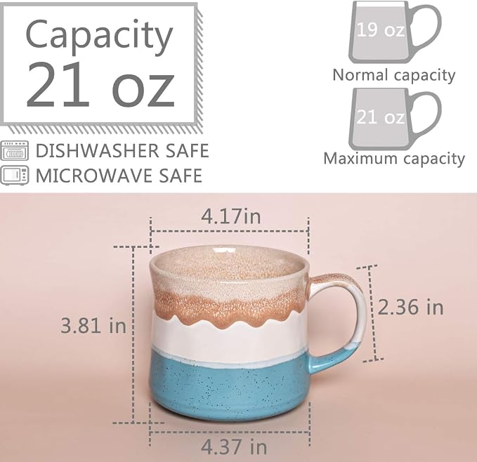 Bosmarlin Large Ceramic Coffee Mug, Big Tea Cup, 7 Colors to Choose, 21 Oz, Dishwasher and Microwave Safe, 1 PCS (Blue&White) - Image 2