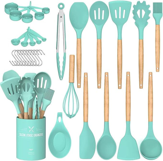 Umite Chef Kitchen Cooking Utensils Set, 24 pcs Non-stick Silicone Cooking Kitchen Utensils Spatula Set with Holder, Wooden Handle Heat Resistant Silicone Kitchen Gadgets Utensil Set (Green) by UmiteChef