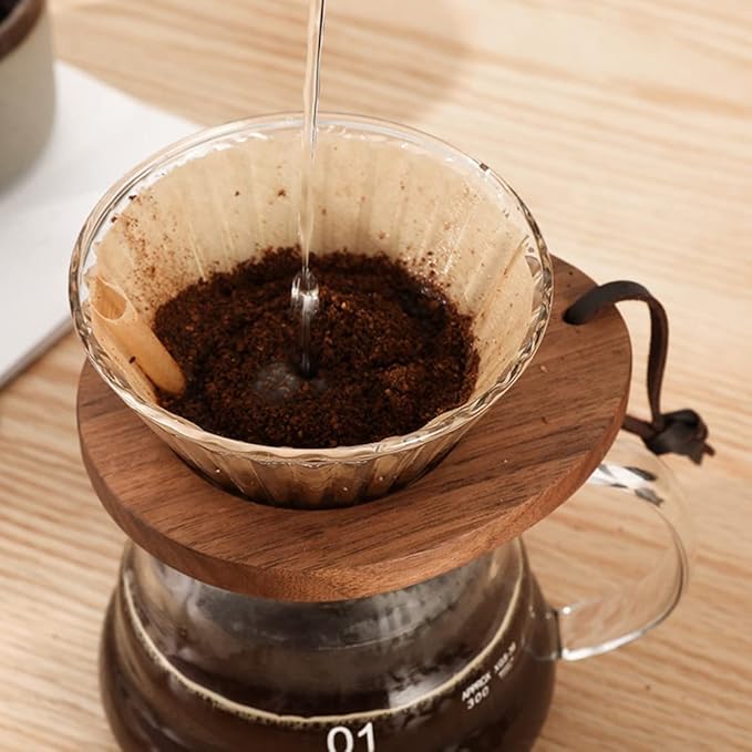 Pour Over Coffee Dripper V60 Glass Coffee Funnel Filter Reusable Cone Brewer with Black Walnut Wood Base Brewing Coffee Dripper Accessory for Coffee Pot Coffee Maker